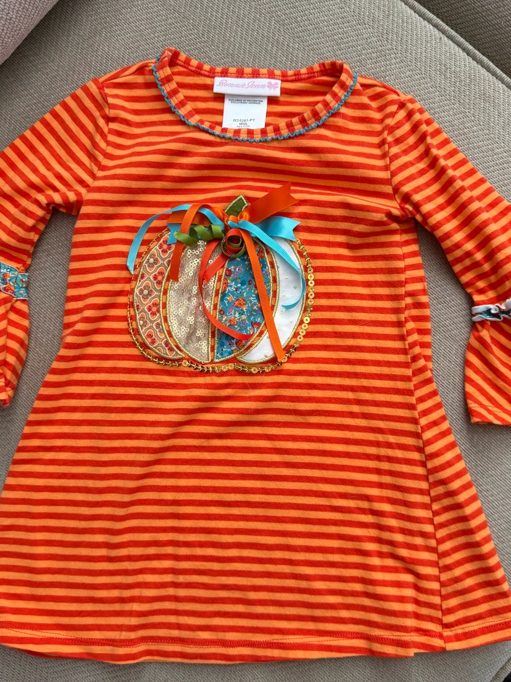 Stripes & Pumpkin Applique Long-Sleeve Top - Orange - Boutique